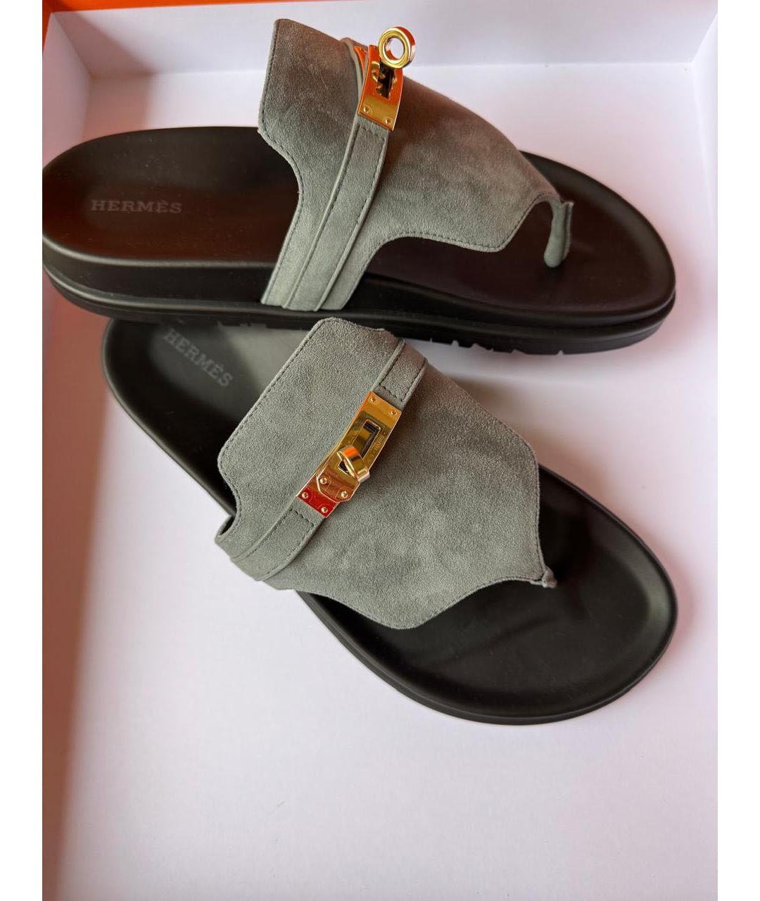HERMES Голубые замшевые шлепанцы, фото 3
