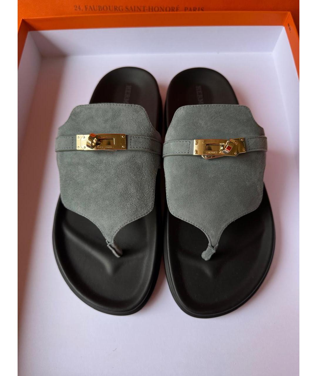 HERMES Голубые замшевые шлепанцы, фото 2