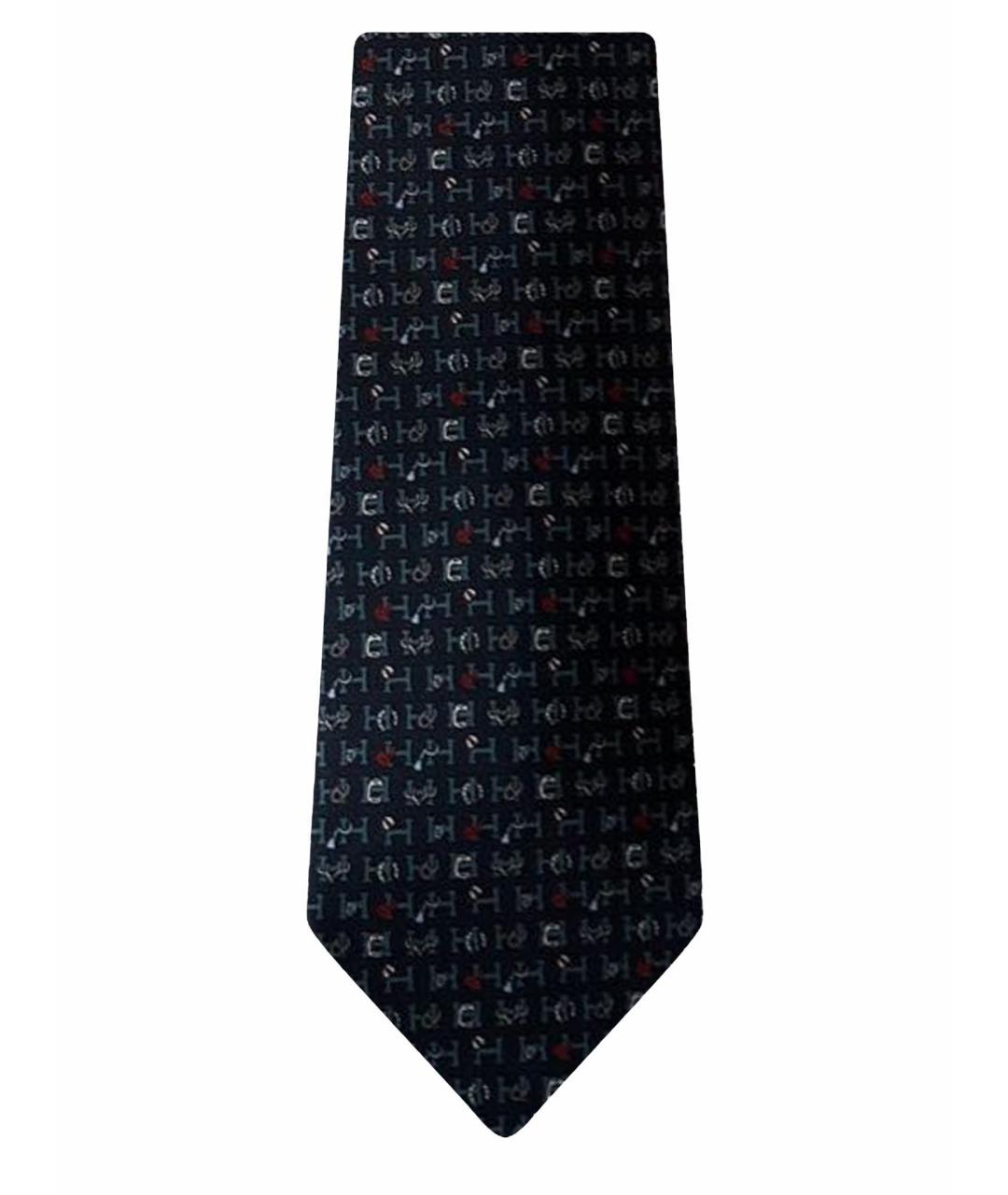 HERMES Темно-синий шелковый галстук, фото 1
