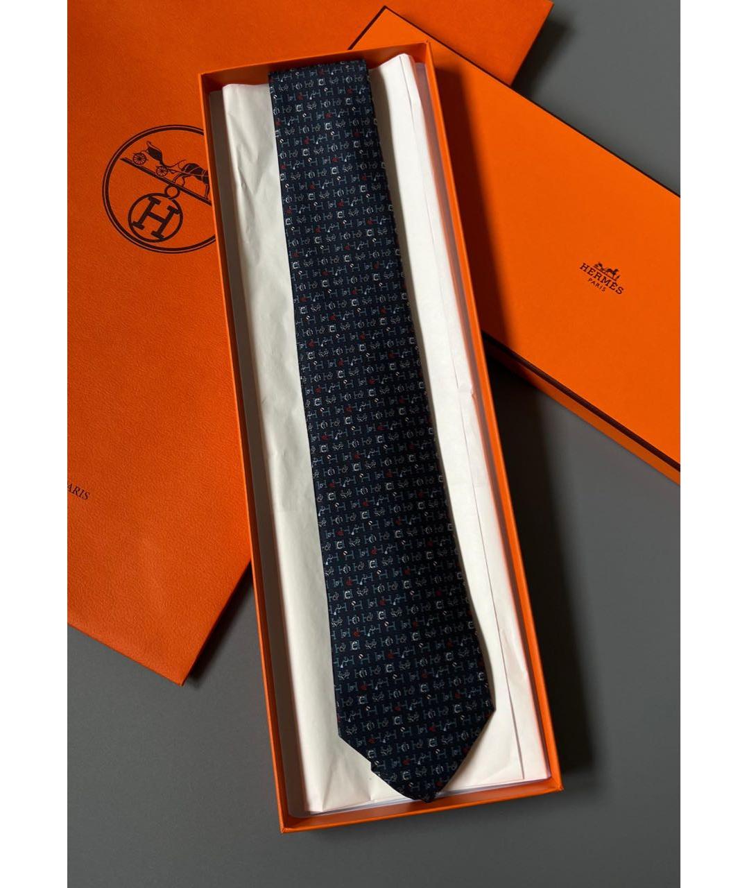 HERMES Темно-синий шелковый галстук, фото 3