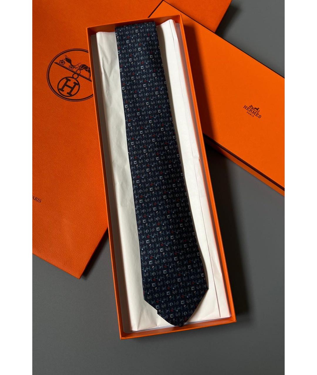 HERMES Темно-синий шелковый галстук, фото 2
