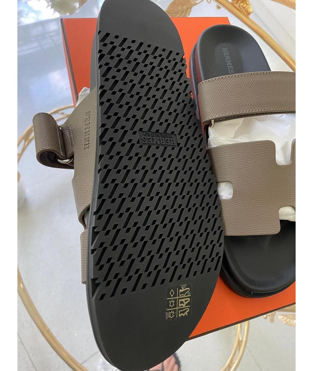 HERMES Антрацитовые кожаные шлепанцы, фото 3