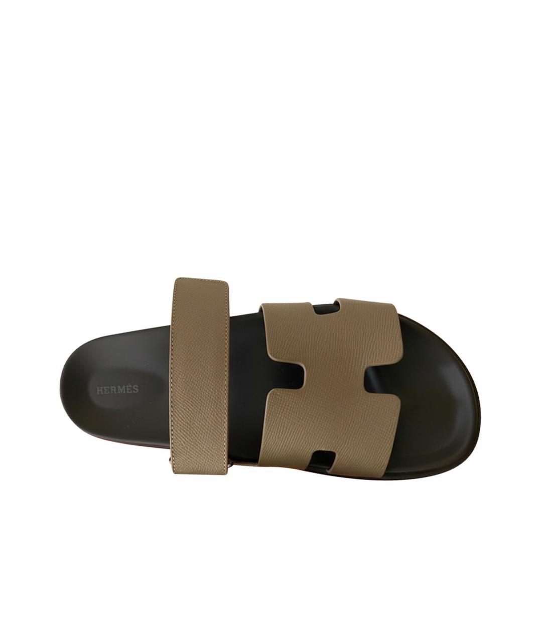 HERMES Антрацитовые кожаные шлепанцы, фото 1