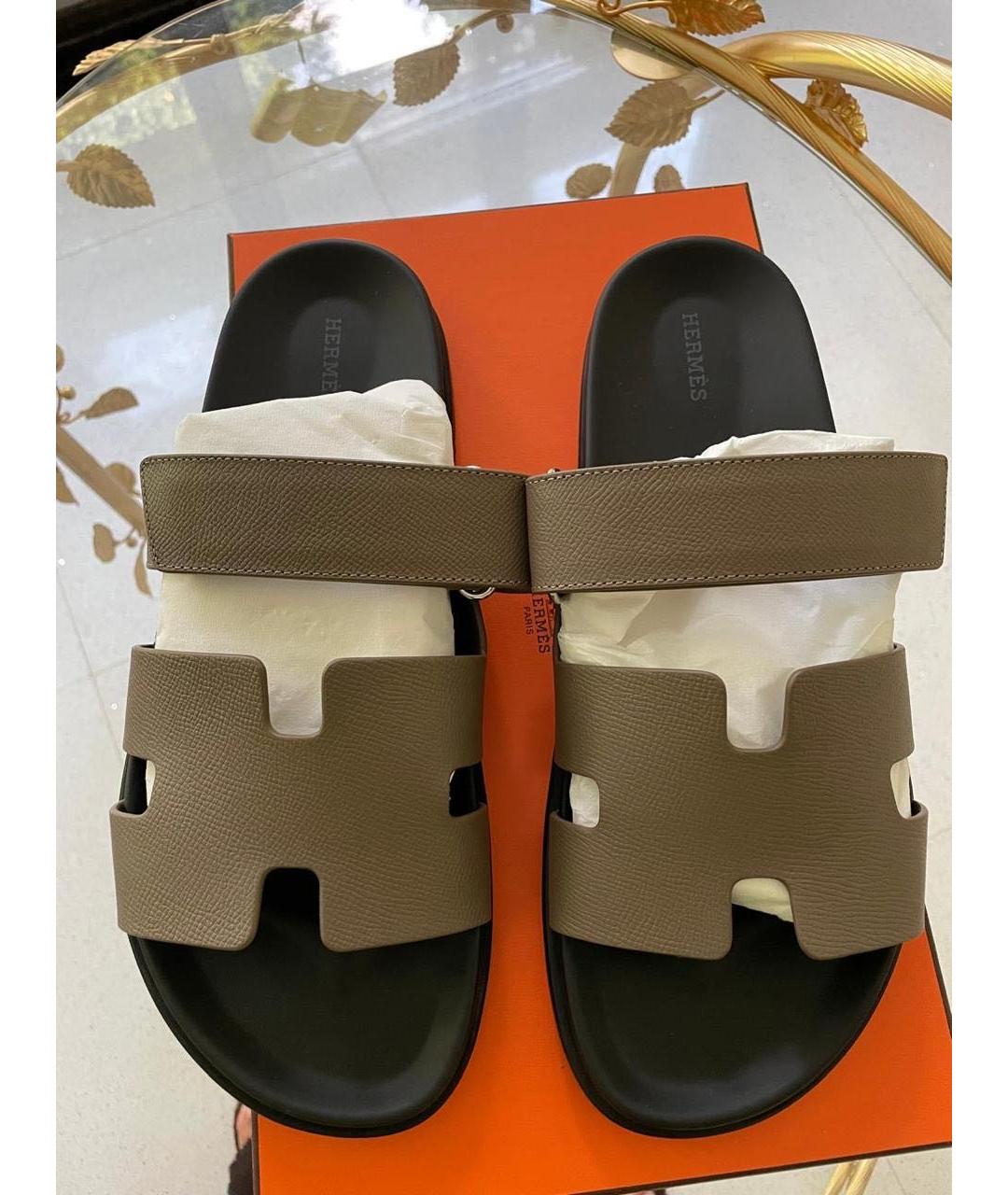 HERMES Антрацитовые кожаные шлепанцы, фото 5
