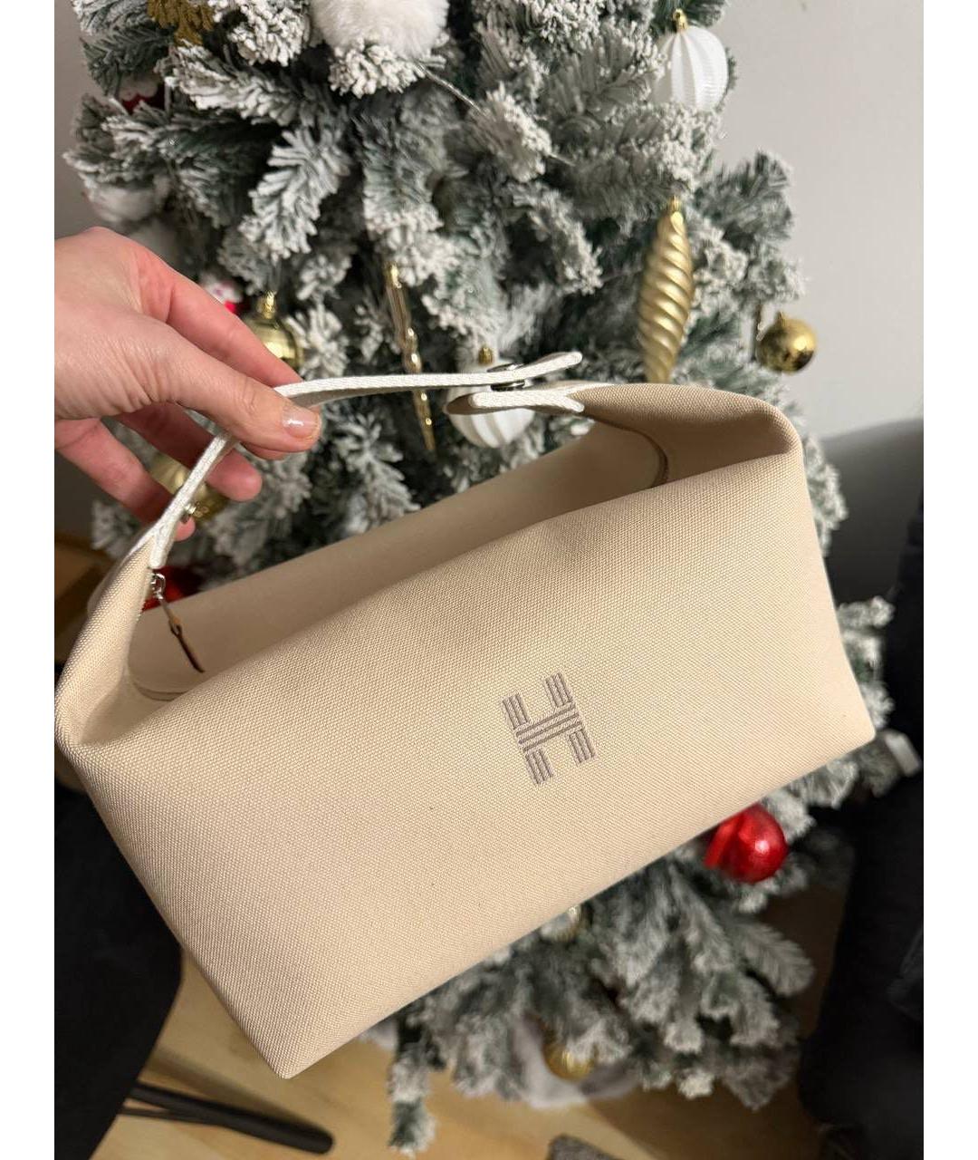 HERMES Бежевая жаккардовая косметичка, фото 2