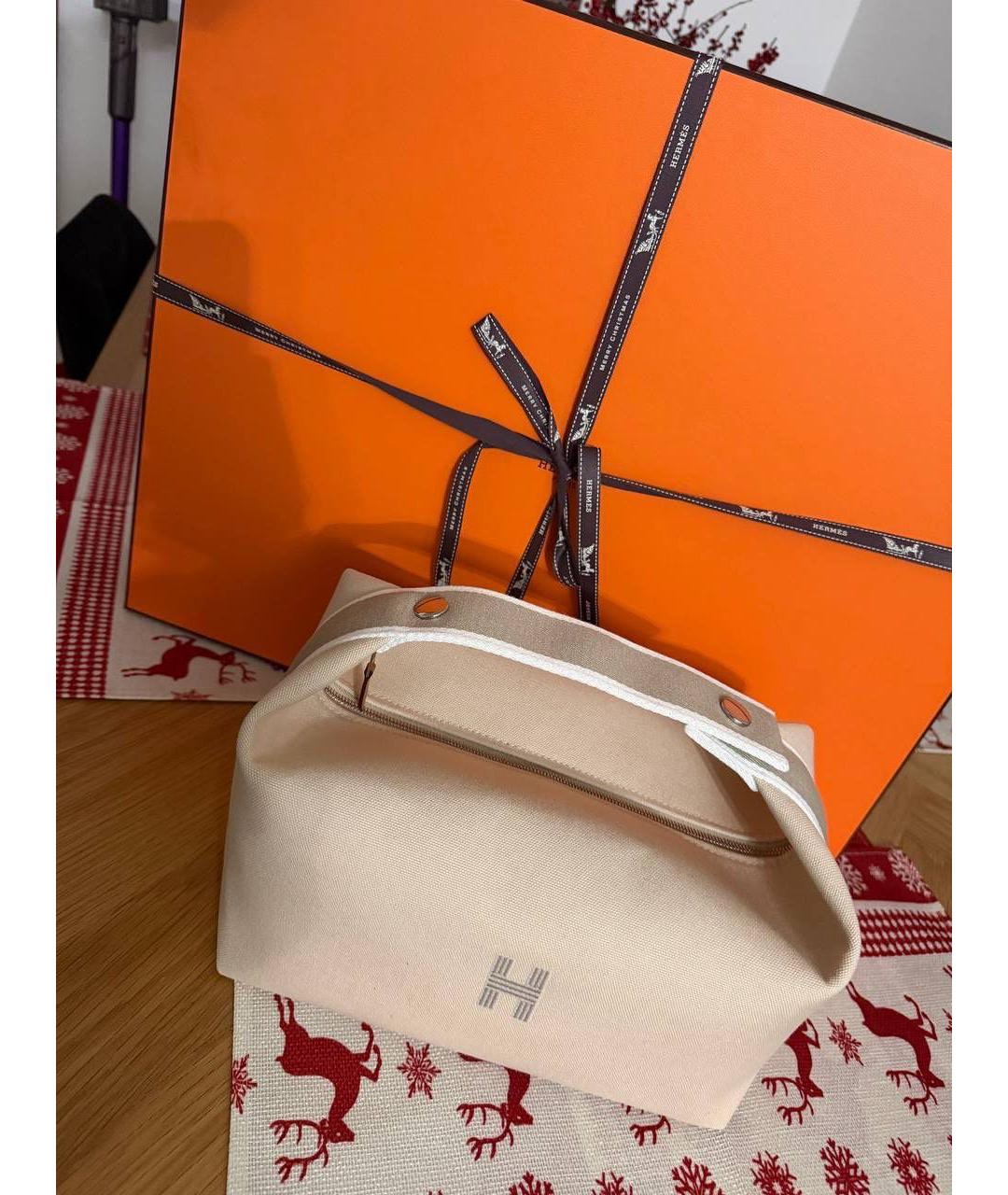 HERMES Бежевая жаккардовая косметичка, фото 3