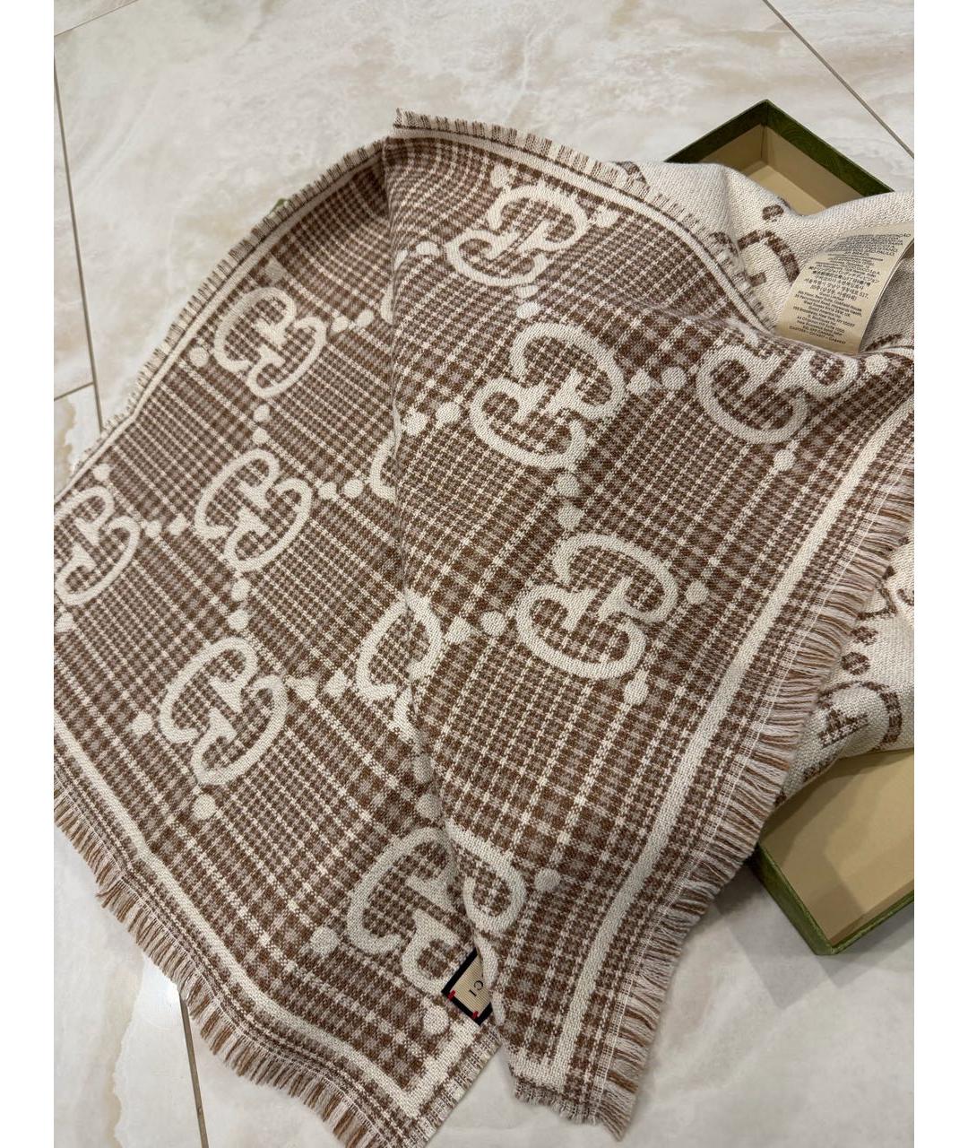 GUCCI Бежевый шерстяной шарф, фото 6