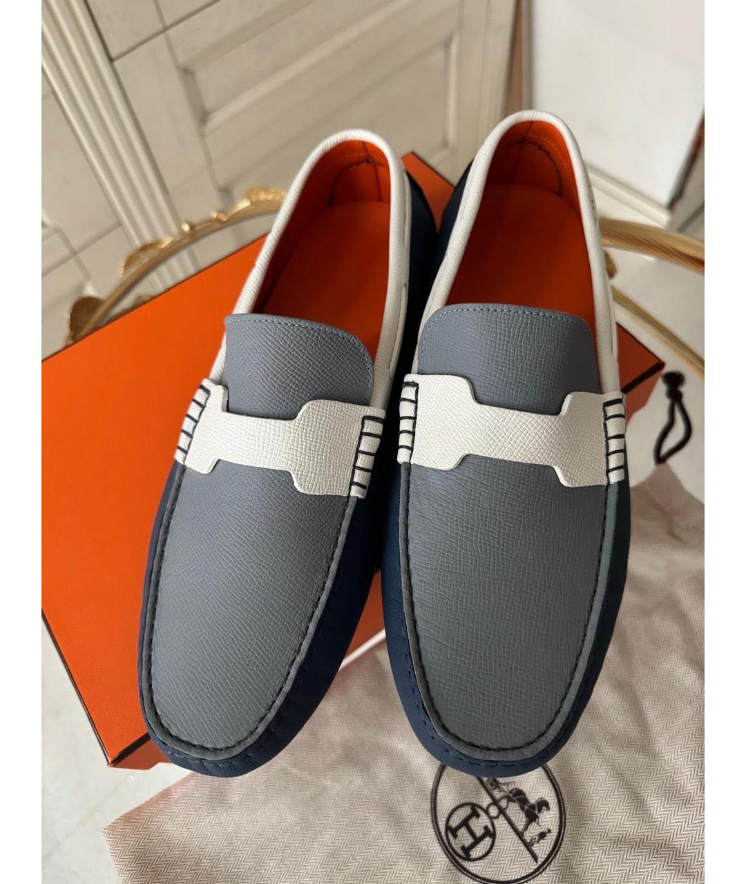 HERMES Голубые кожаные мокасины, фото 2