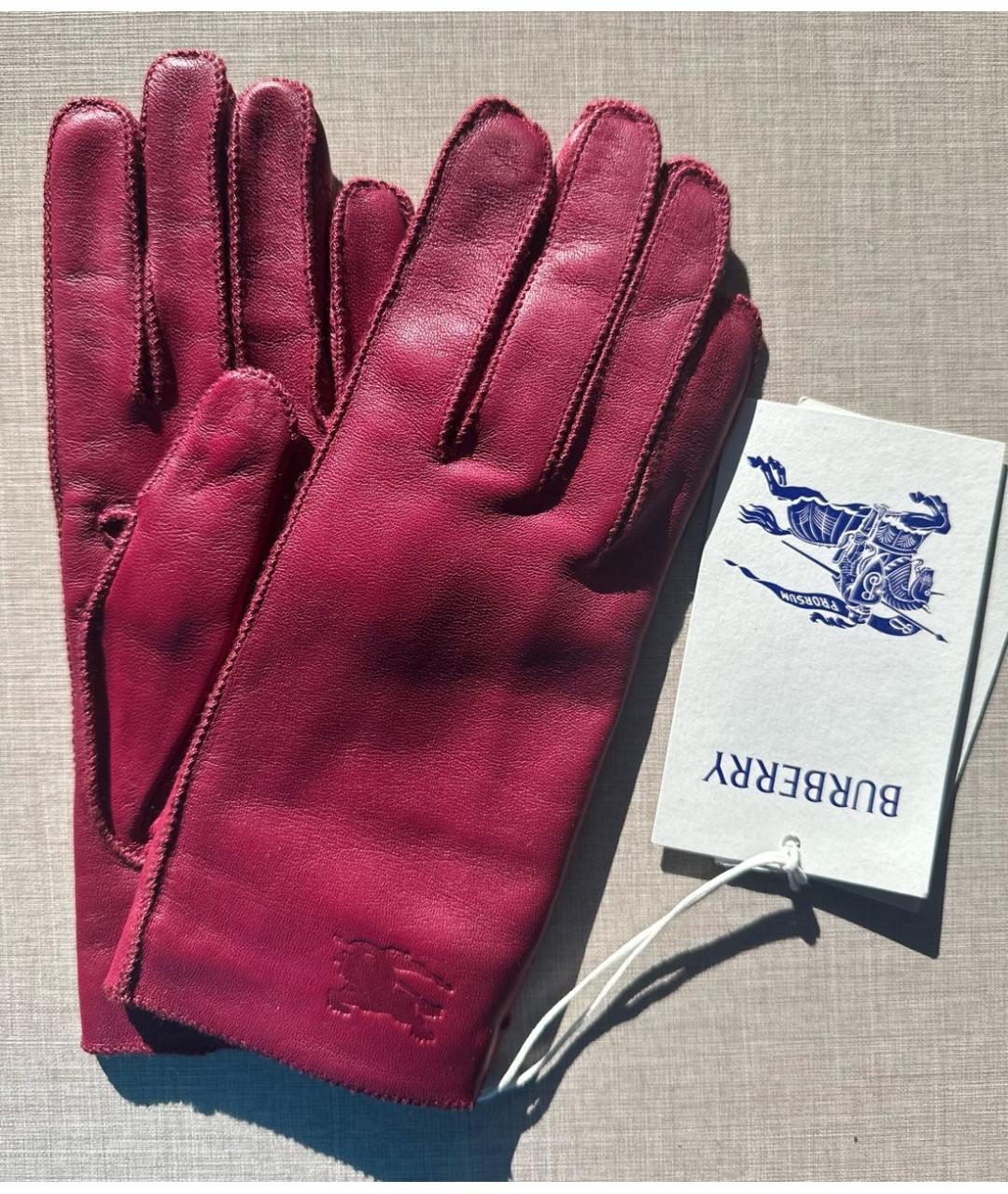BURBERRY Бордовые кожаные перчатки, фото 6