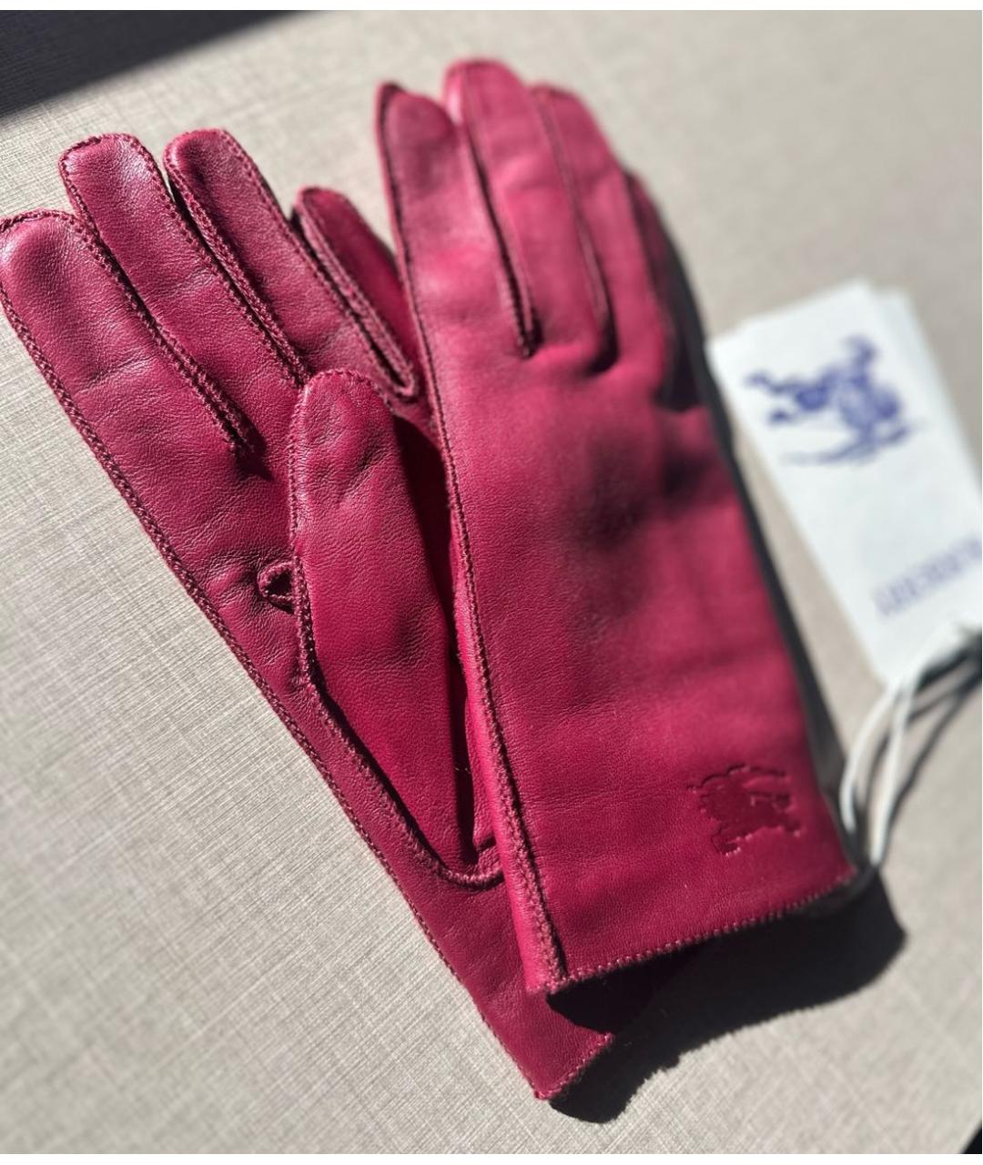 BURBERRY Бордовые кожаные перчатки, фото 5