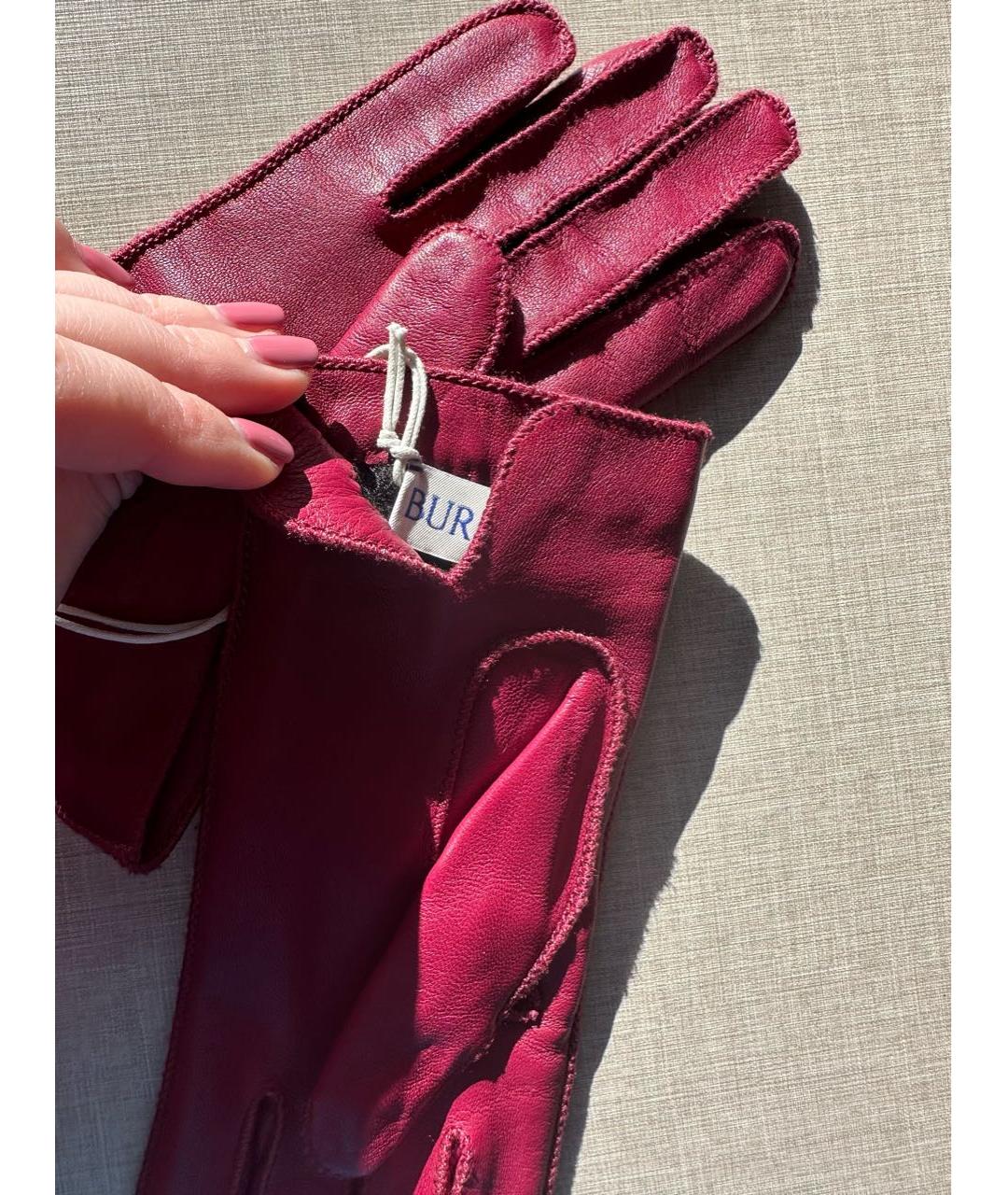 BURBERRY Бордовые кожаные перчатки, фото 7