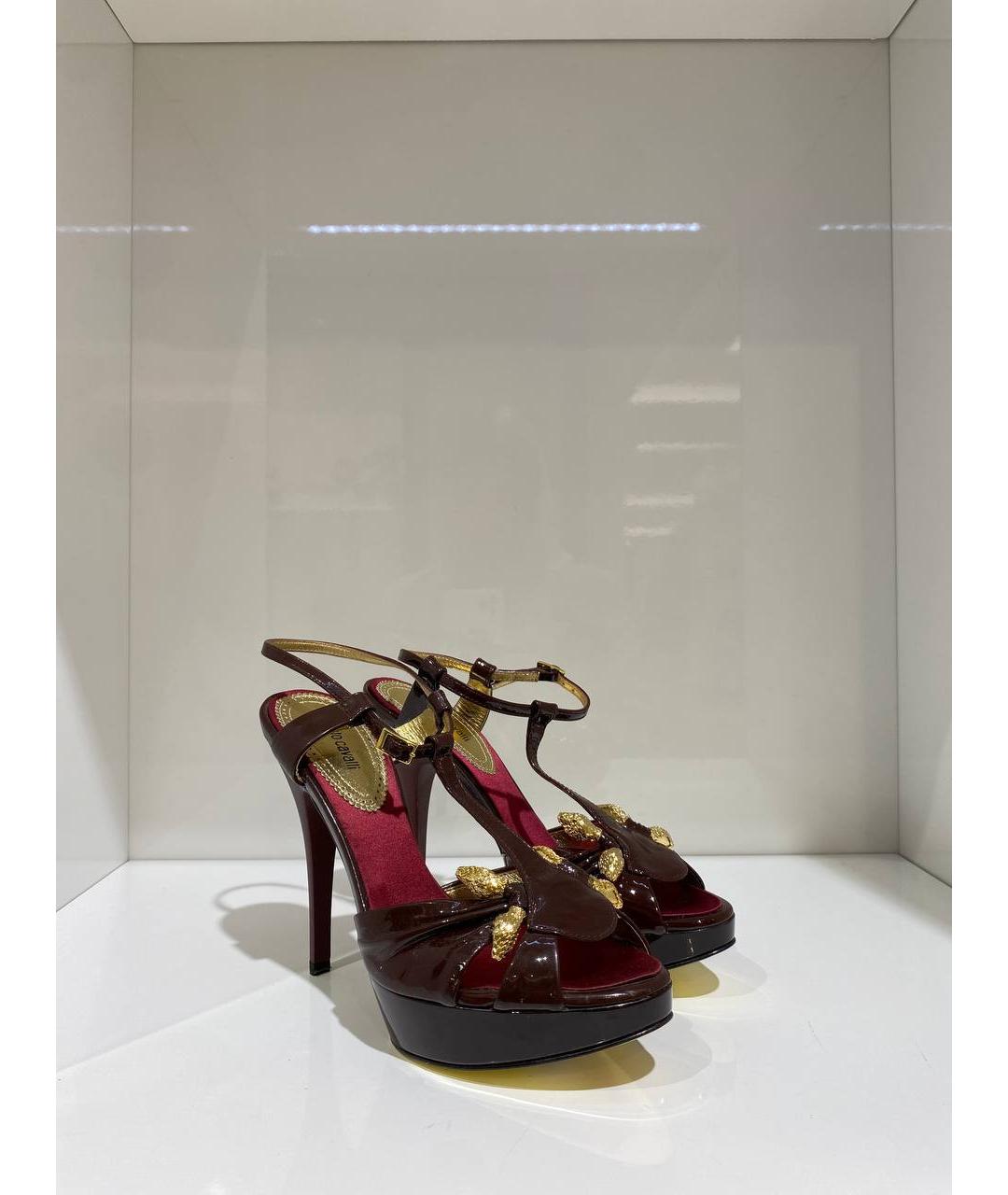 ROBERTO CAVALLI Бордовые кожаные босоножки, фото 2