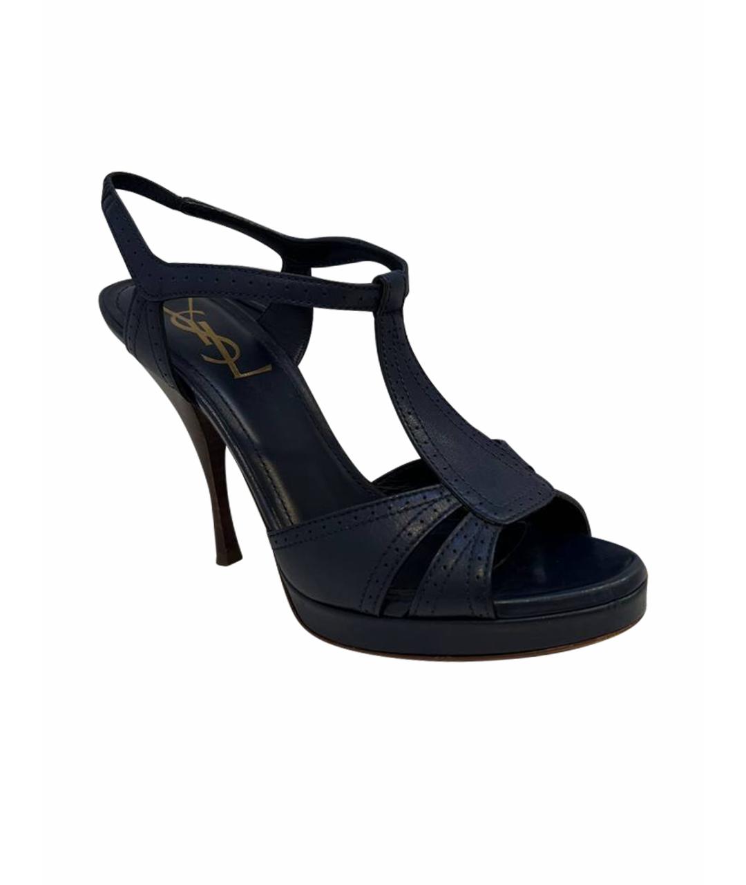 SAINT LAURENT Темно-синие кожаные босоножки, фото 1