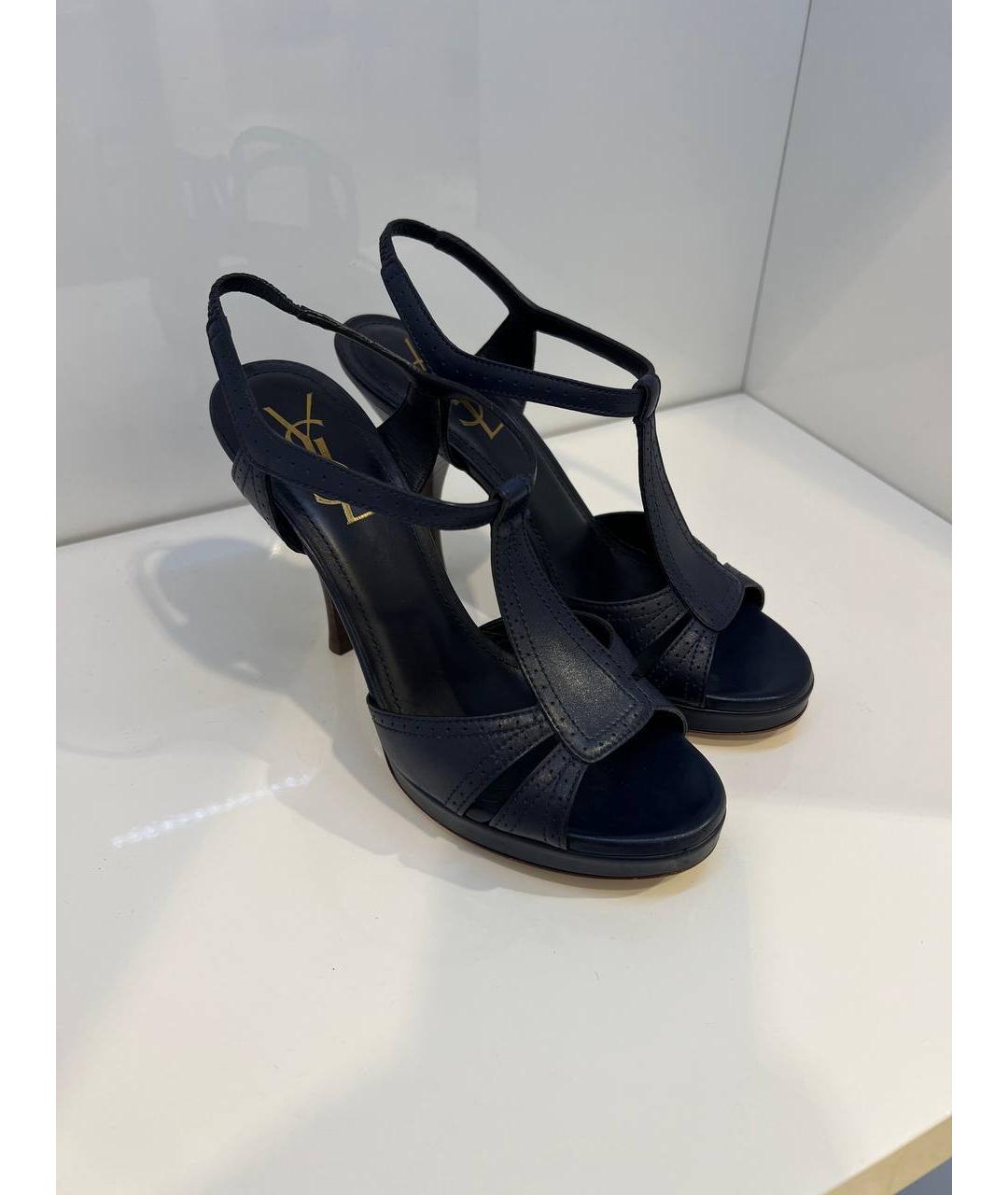 SAINT LAURENT Темно-синие кожаные босоножки, фото 4