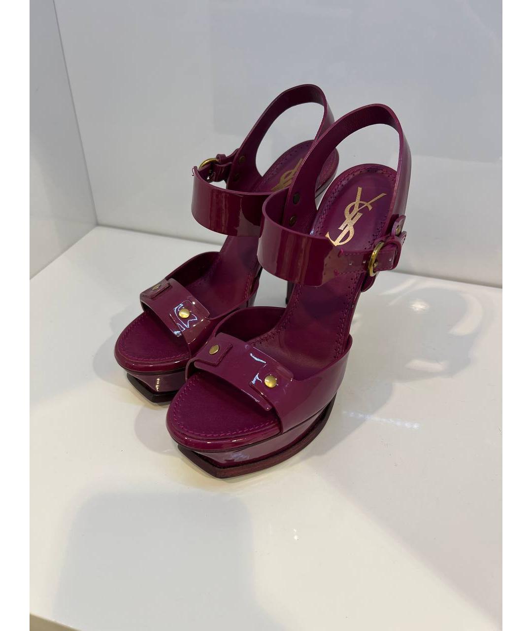 SAINT LAURENT Бордовые кожаные босоножки, фото 2