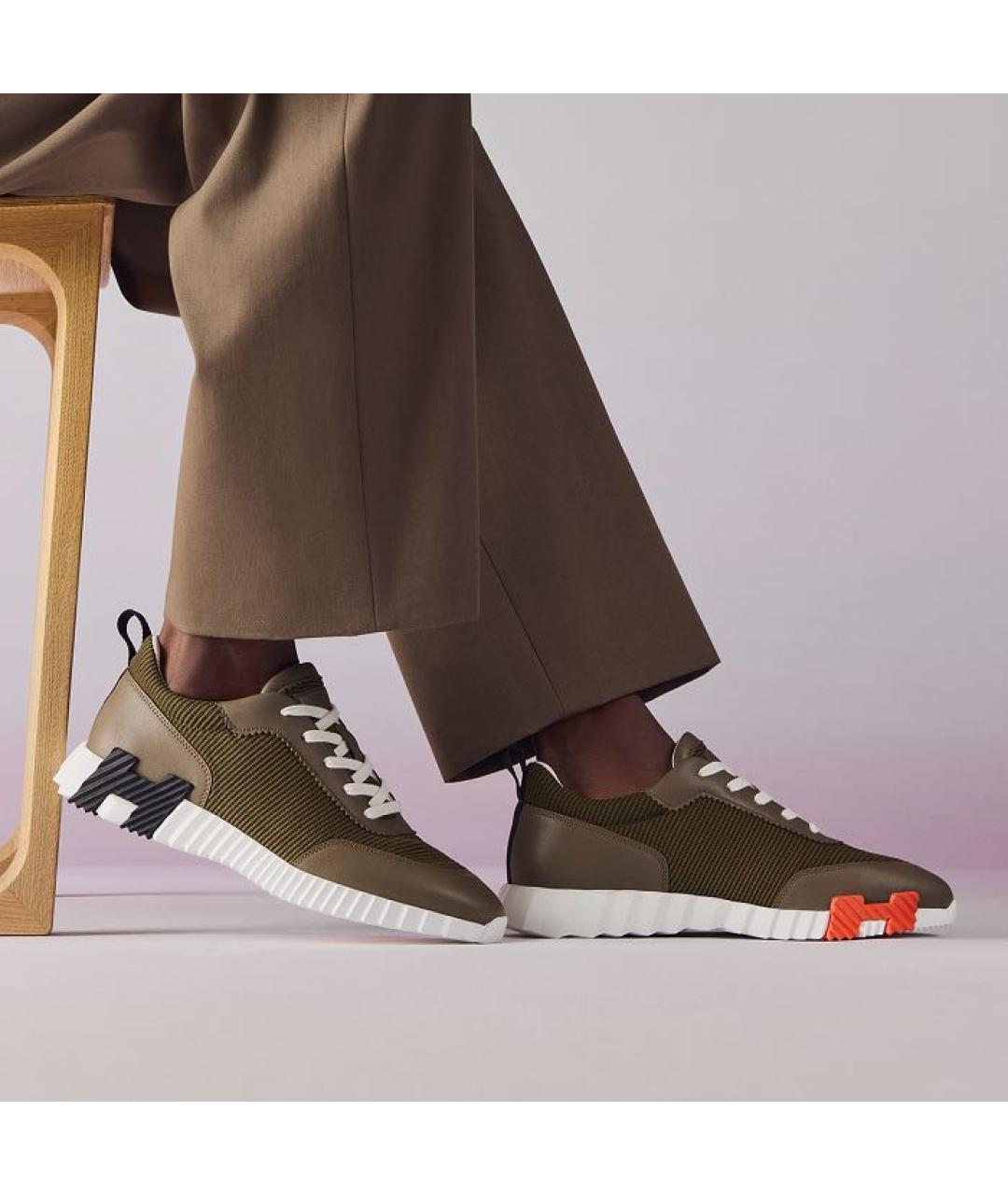 HERMES Хаки текстильные низкие кроссовки / кеды, фото 3