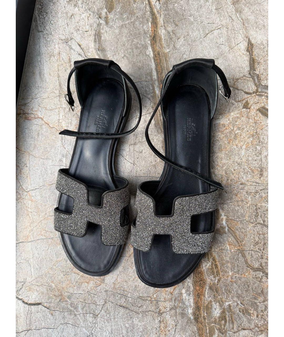 HERMES Черные текстильные сандалии, фото 3