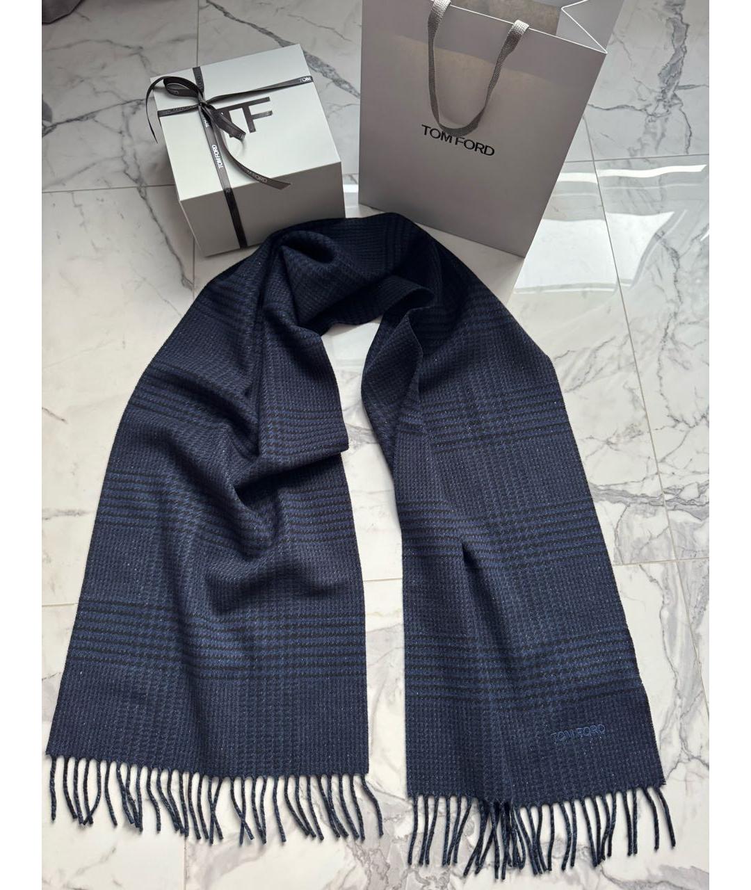 TOM FORD Темно-синий шерстяной шарф, фото 8
