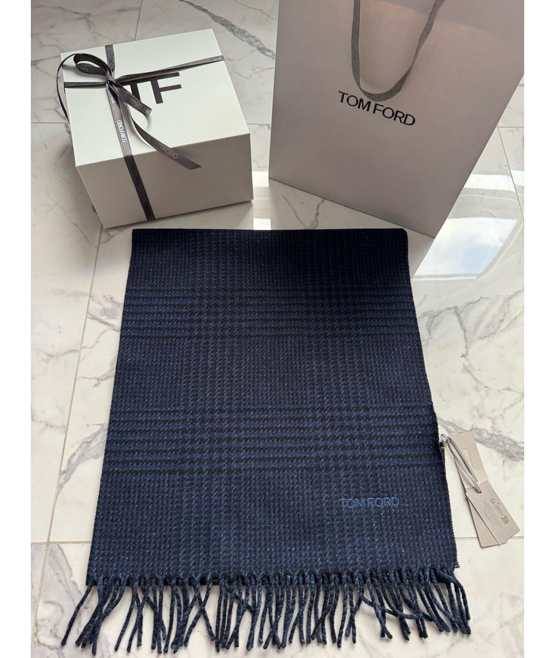 TOM FORD Темно-синий шерстяной шарф, фото 3