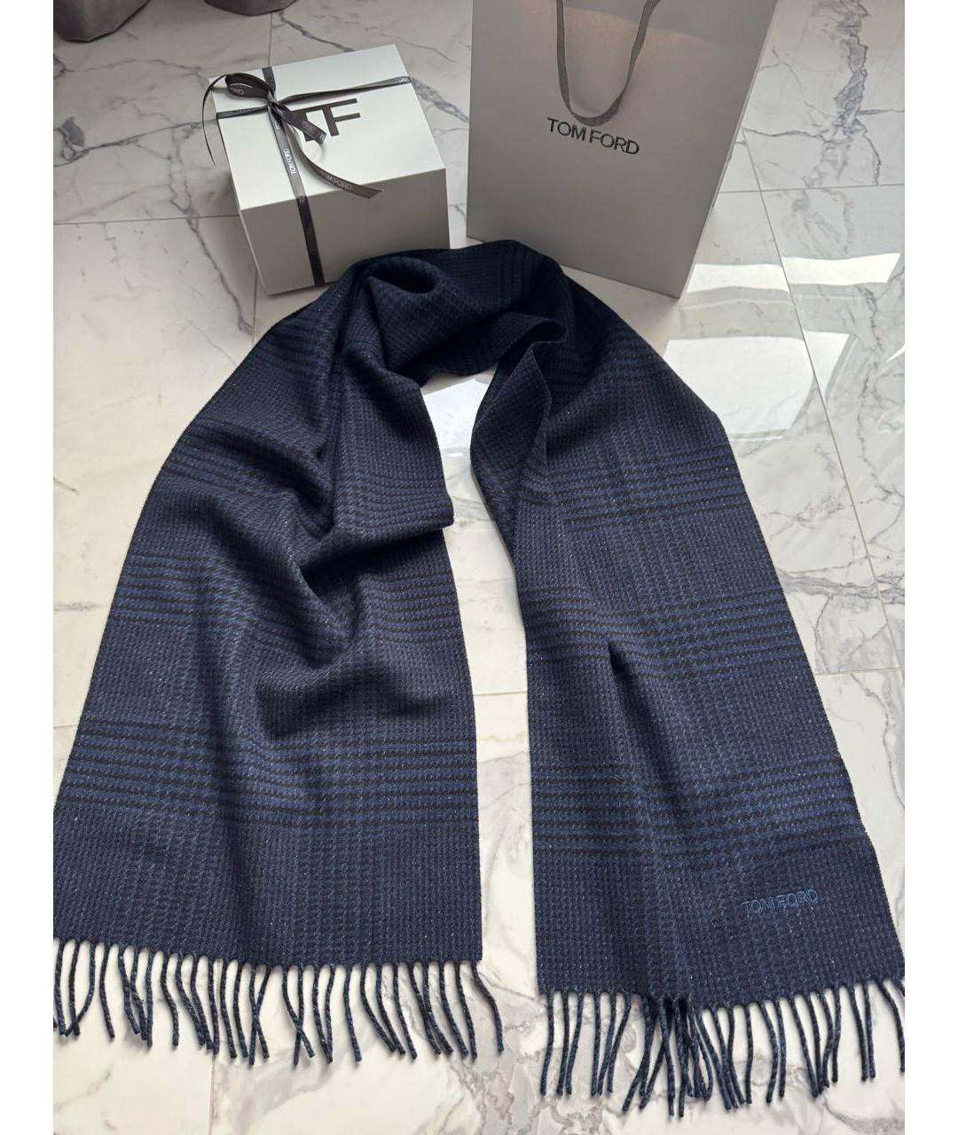 TOM FORD Темно-синий шерстяной шарф, фото 7