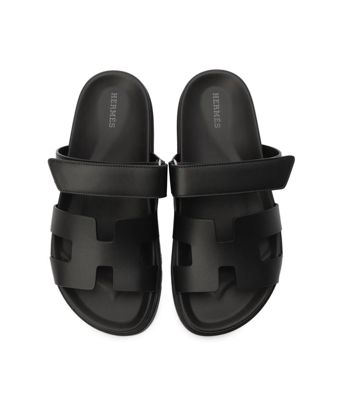 HERMES Черные кожаные шлепанцы, фото 3