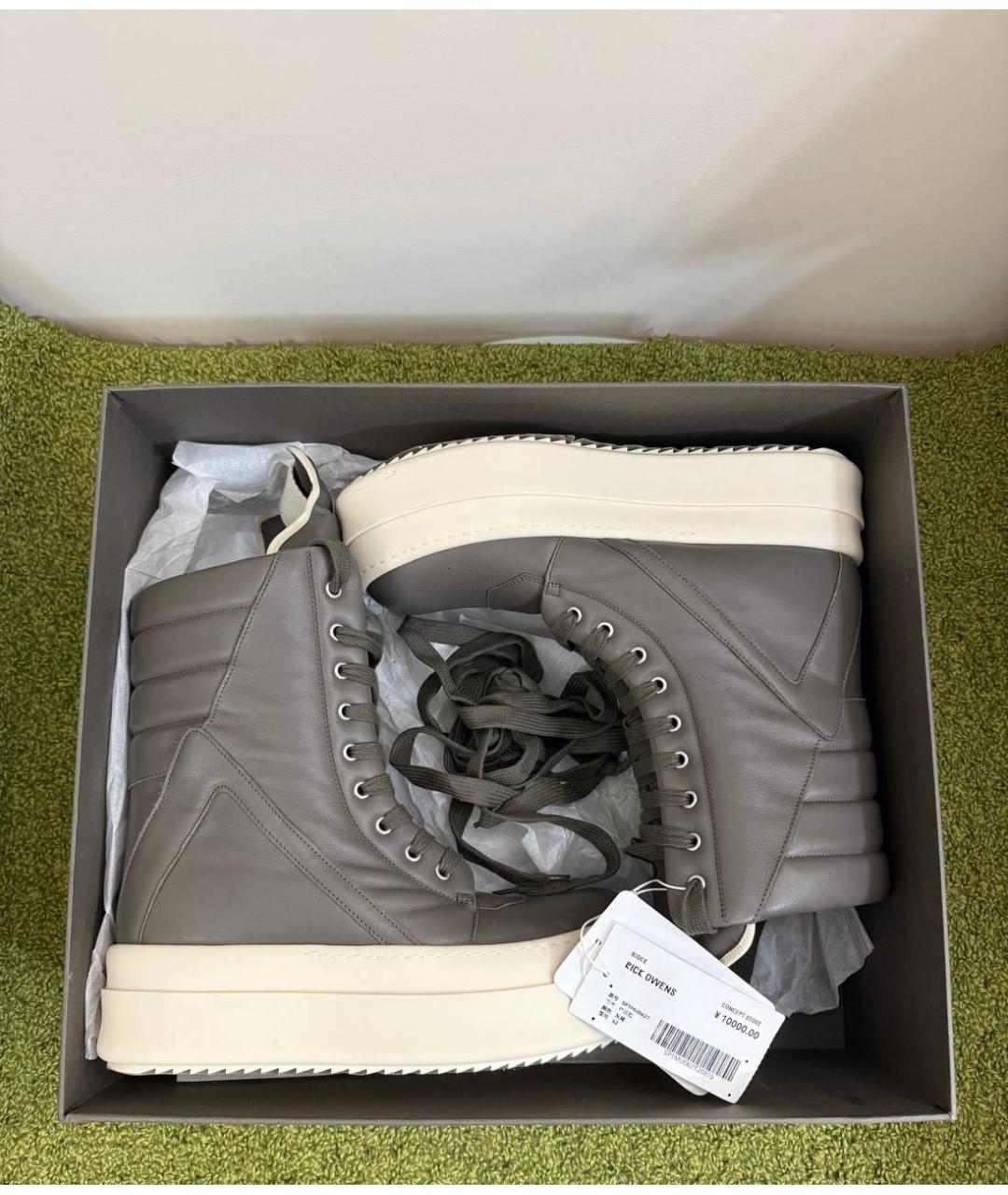 RICK OWENS Серые кожаные высокие кроссовки / кеды, фото 3