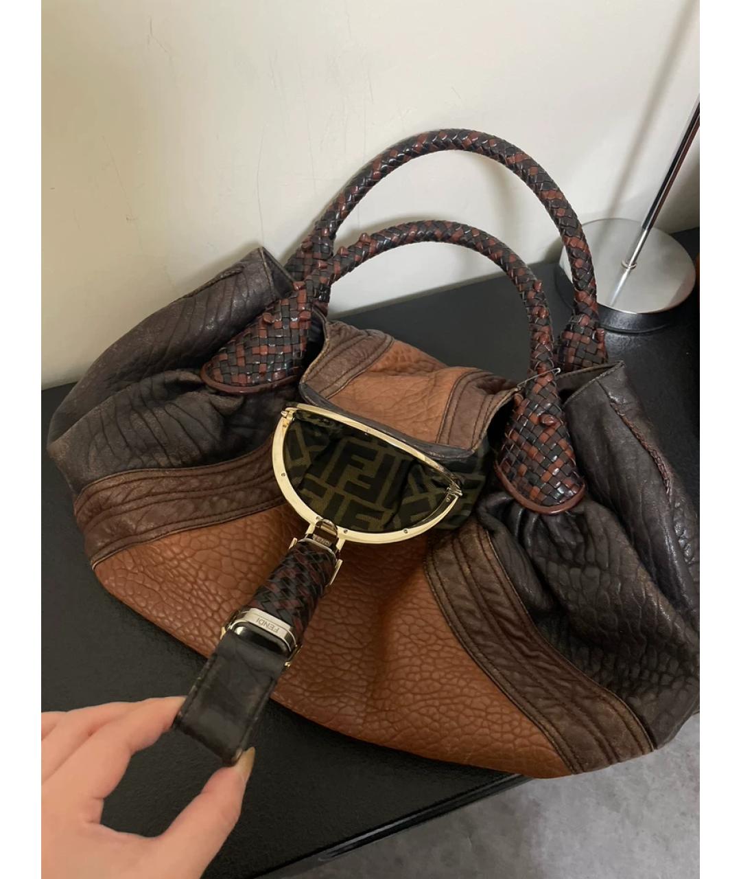 FENDI Коричневая тканевая сумка с короткими ручками, фото 6