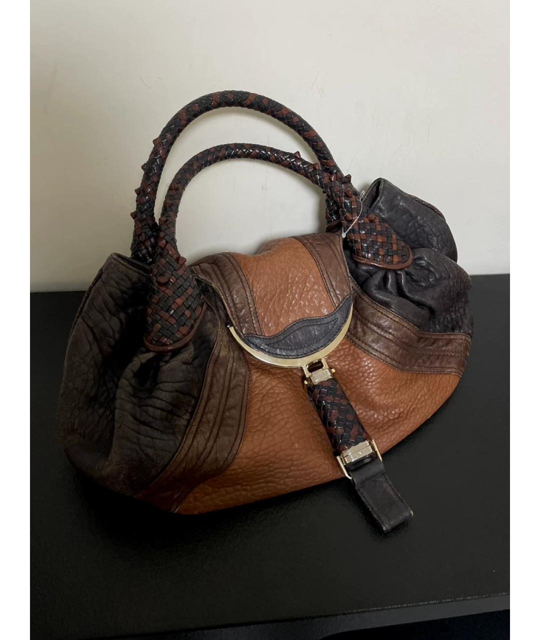 FENDI Коричневая тканевая сумка с короткими ручками, фото 5