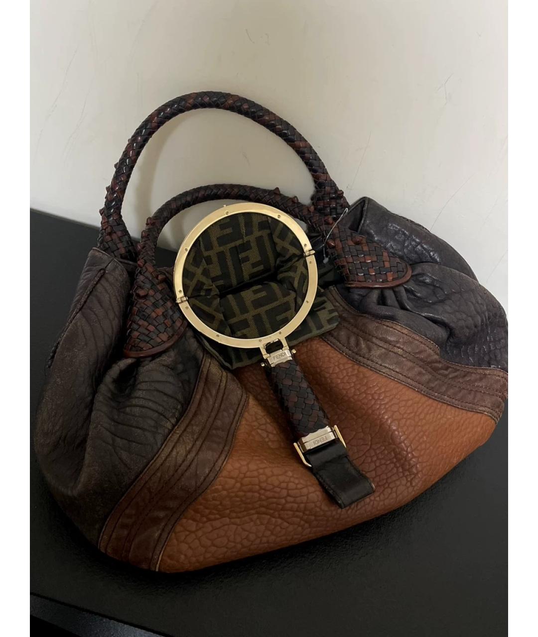 FENDI Коричневая тканевая сумка с короткими ручками, фото 4
