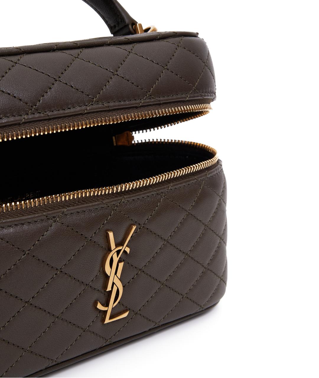 SAINT LAURENT Хаки кожаная сумка с короткими ручками, фото 5