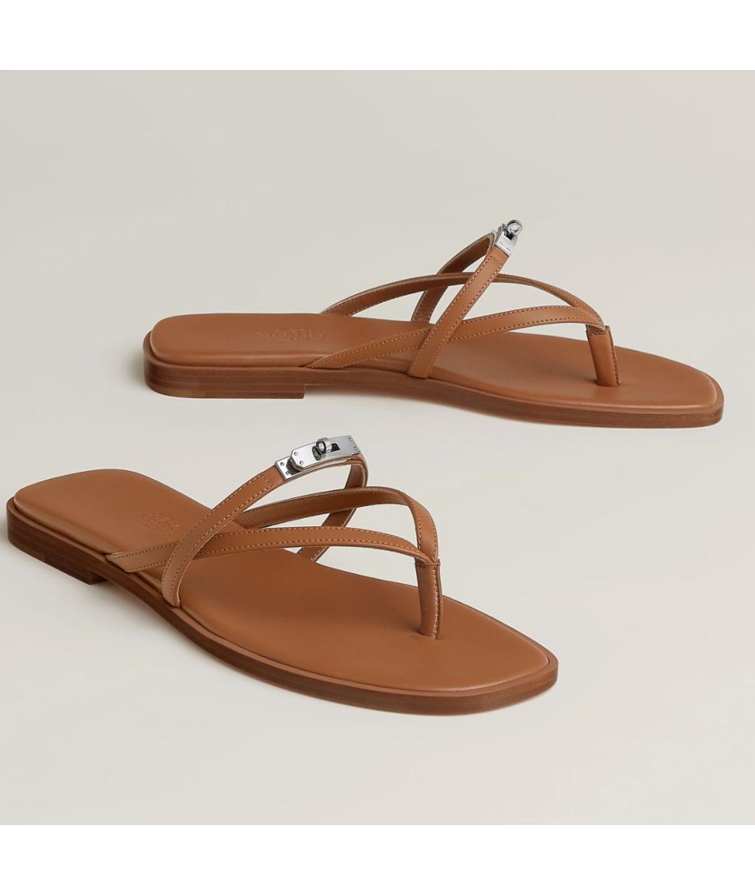 HERMES Коричневые кожаные шлепанцы, фото 2