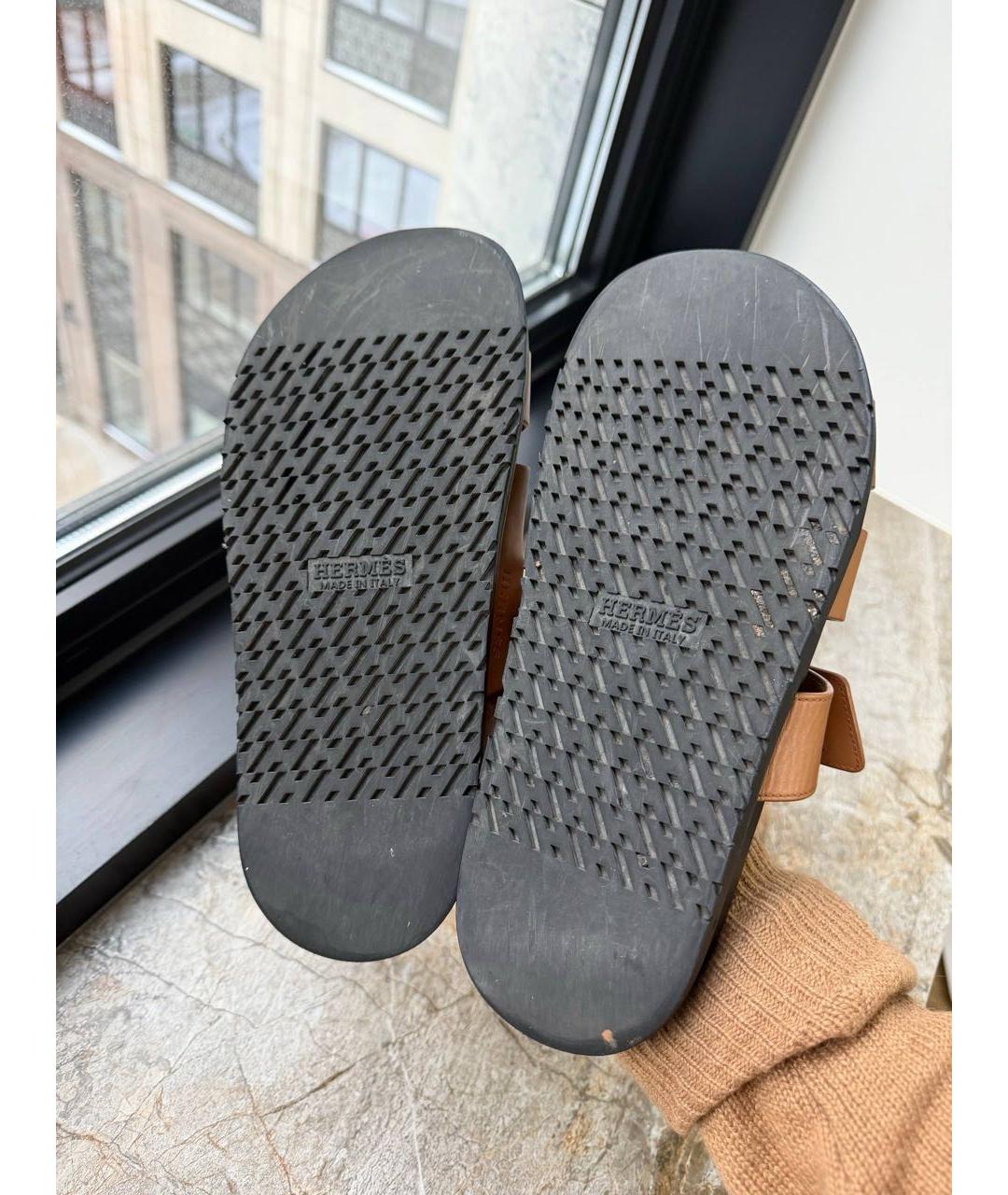 HERMES Коричневые кожаные шлепанцы, фото 5