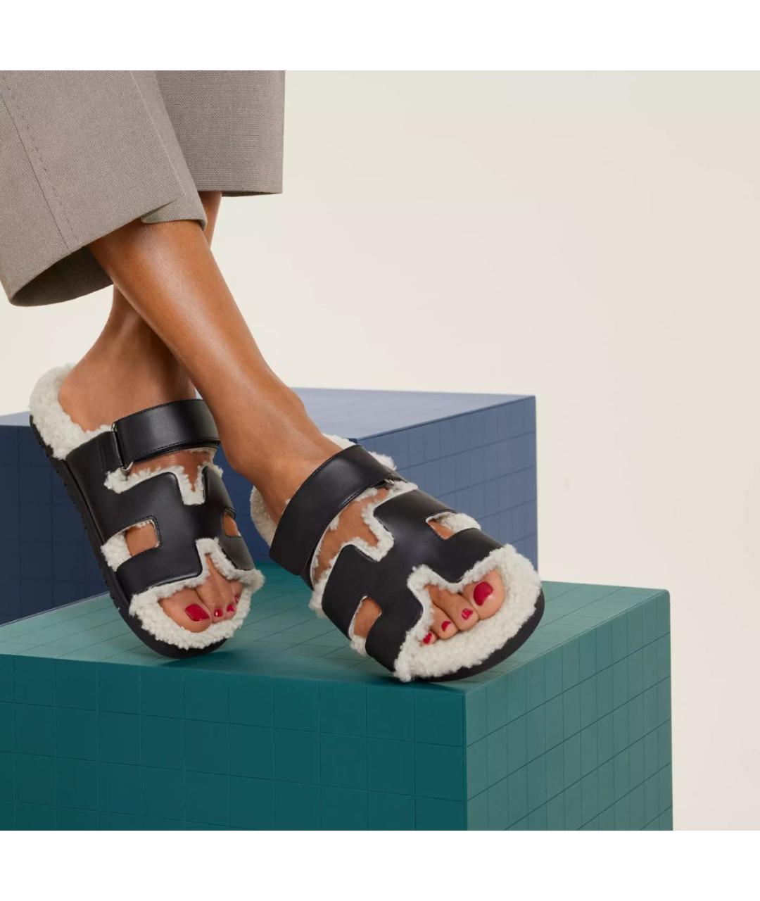 HERMES Черные кожаные шлепанцы, фото 2