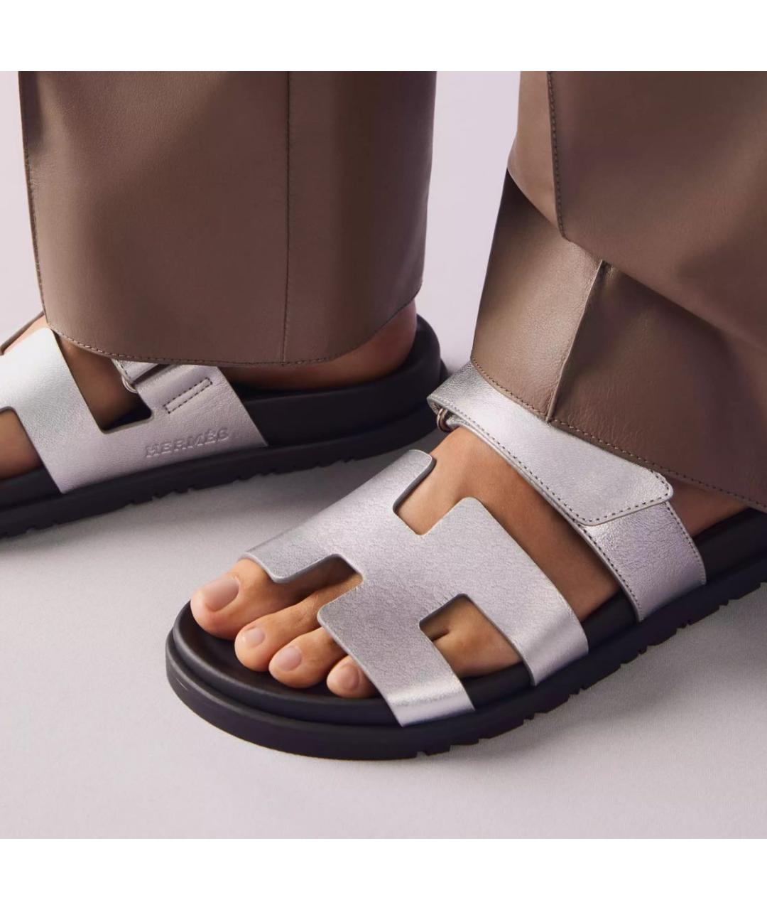 HERMES Серебряные кожаные шлепанцы, фото 3