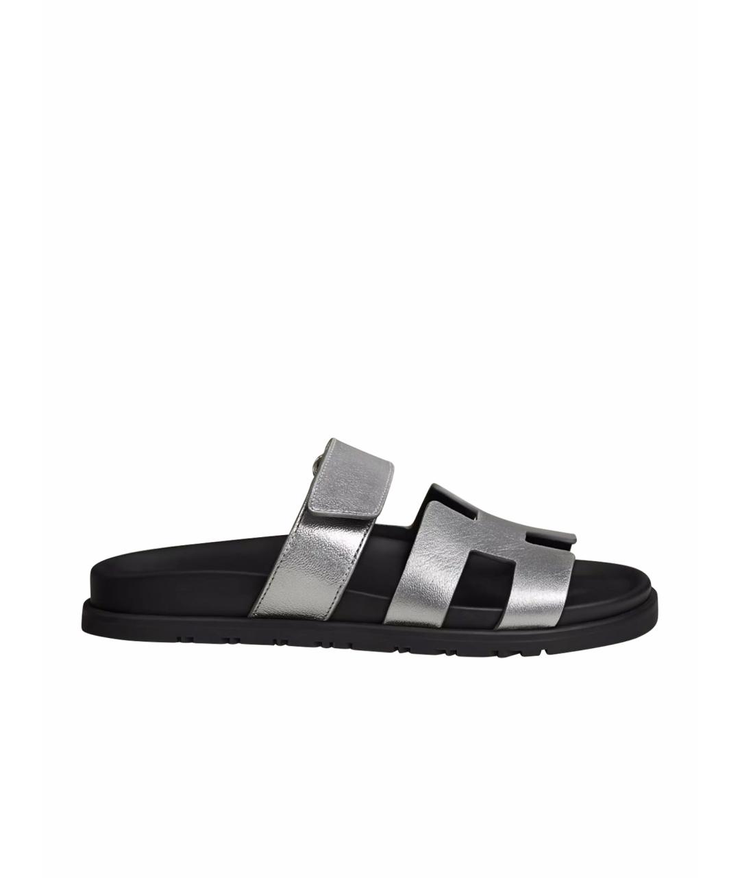 HERMES Серебряные кожаные шлепанцы, фото 1
