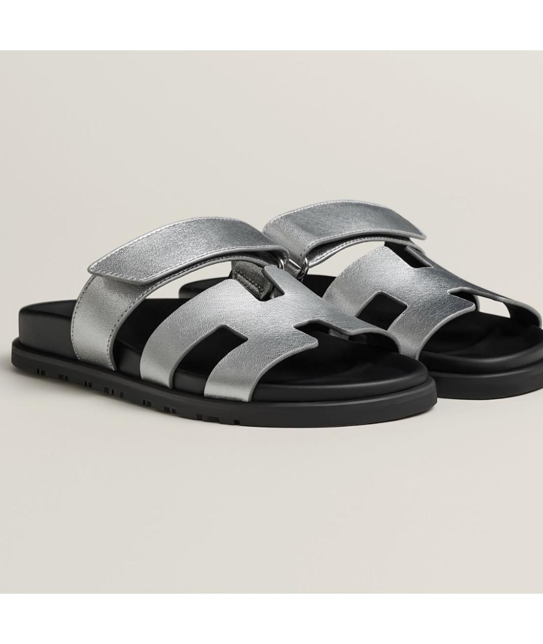 HERMES Серебряные кожаные шлепанцы, фото 2