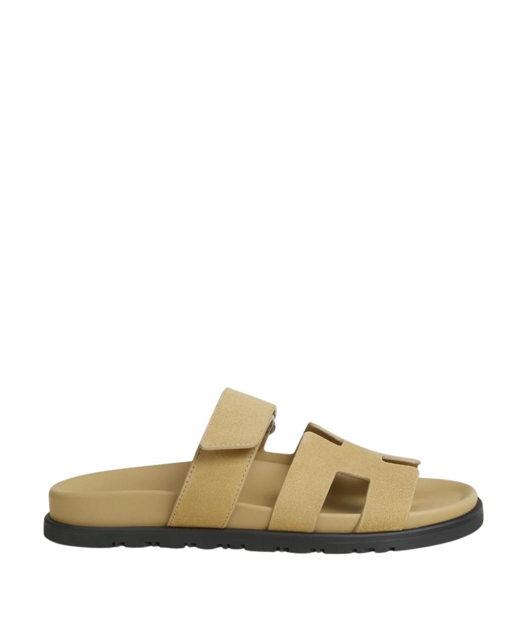 HERMES Бежевые замшевые шлепанцы, фото 1