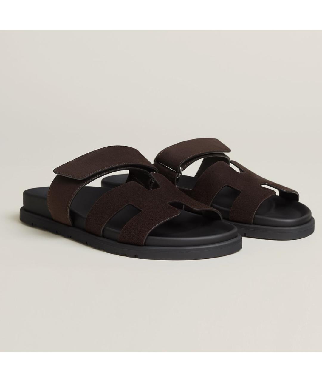 HERMES Коричневые замшевые шлепанцы, фото 3