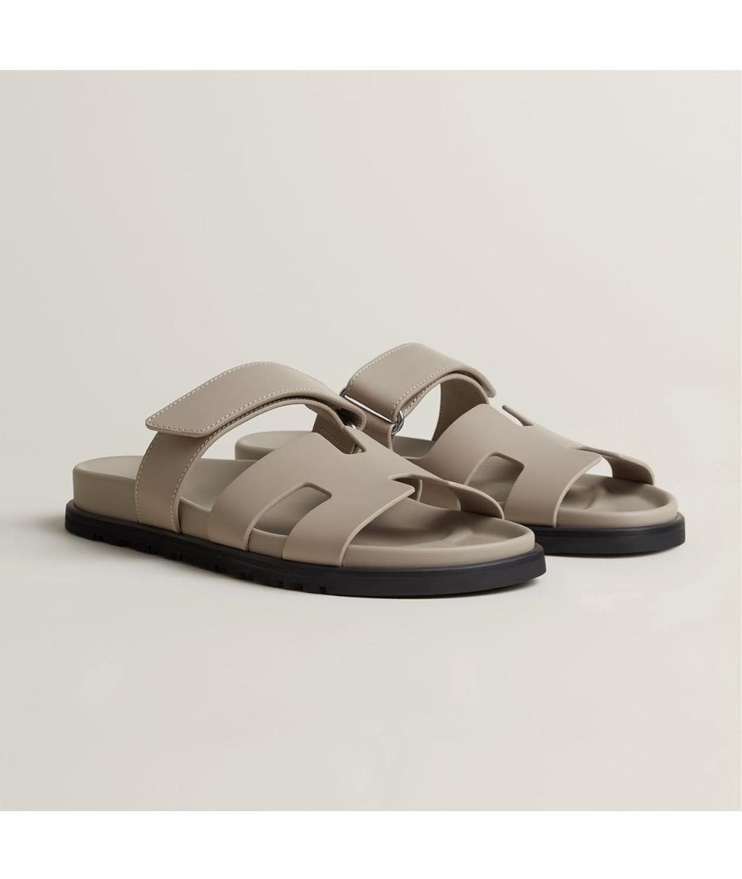 HERMES Бежевые кожаные шлепанцы, фото 2
