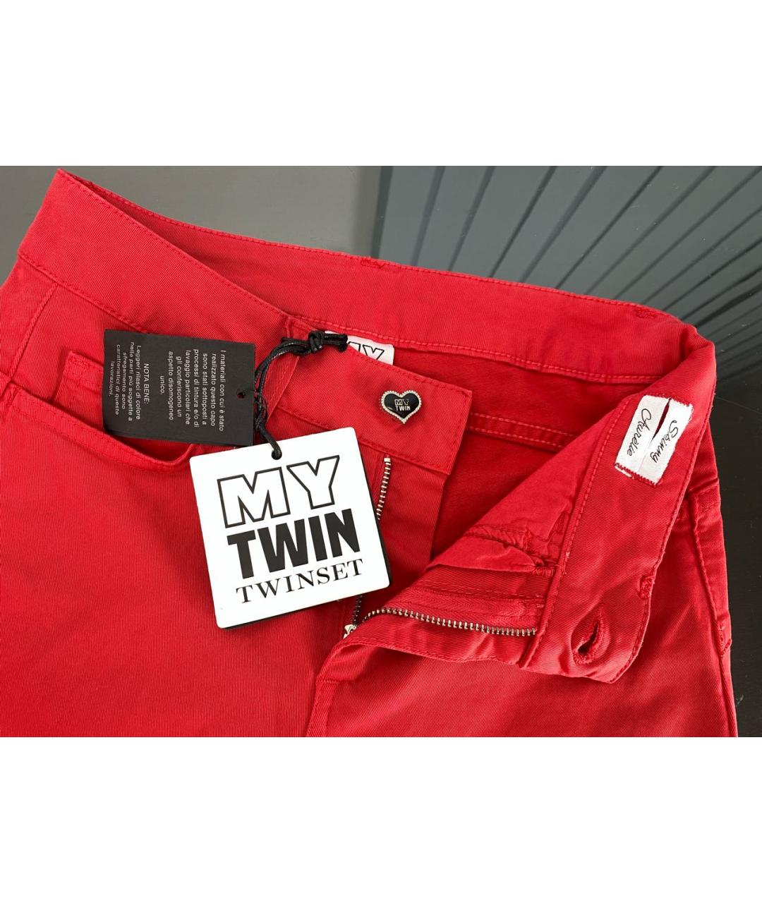 TWIN-SET Красные хлопко-эластановые брюки узкие, фото 3