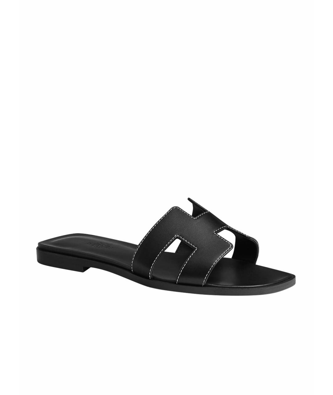 HERMES Черные кожаные шлепанцы, фото 1