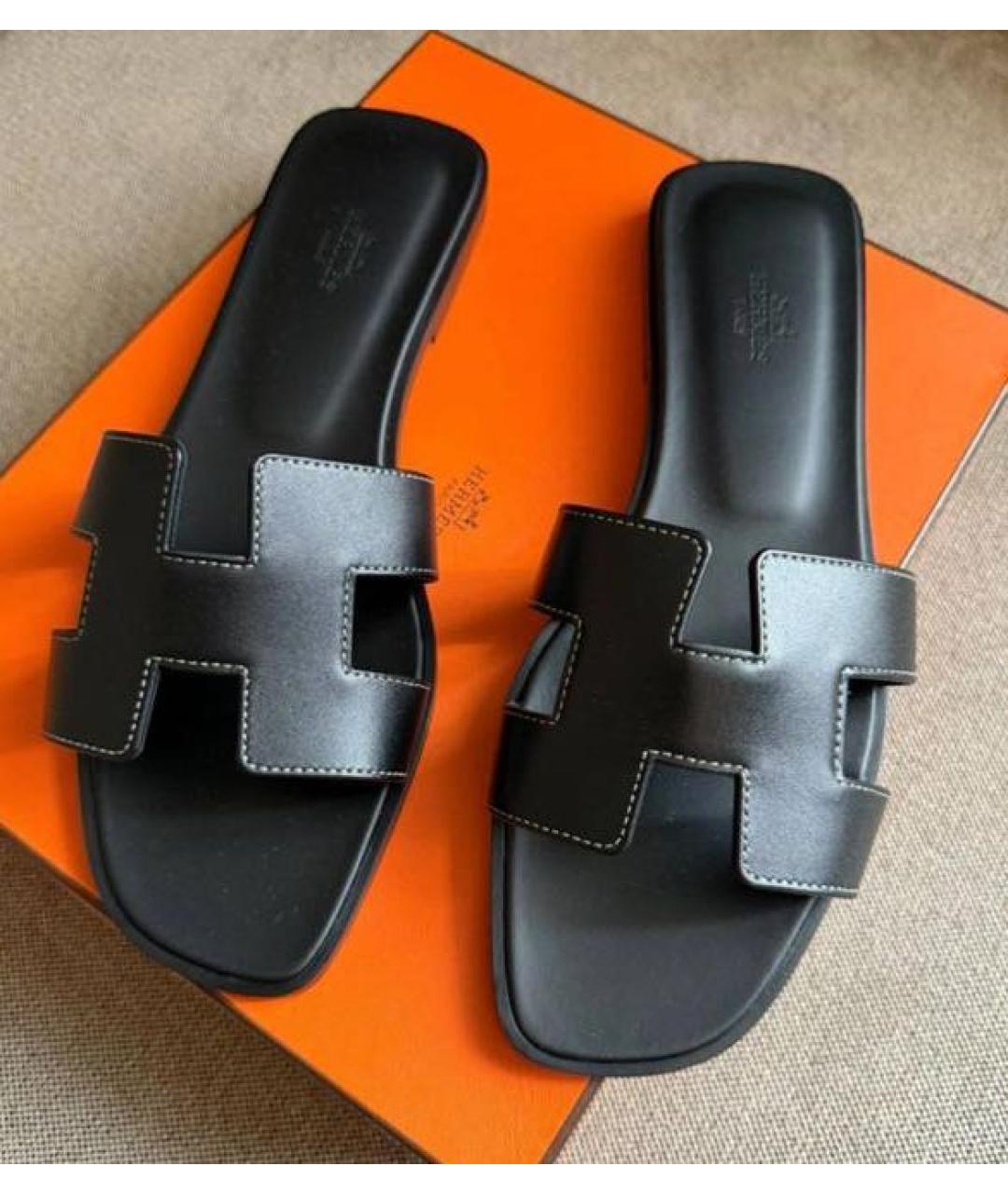 HERMES Черные кожаные шлепанцы, фото 3