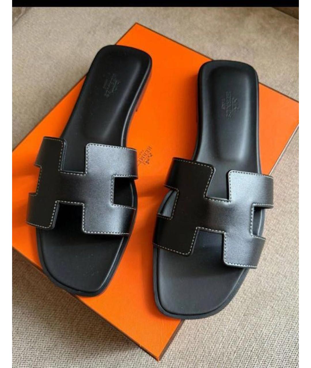 HERMES Черные кожаные шлепанцы, фото 2