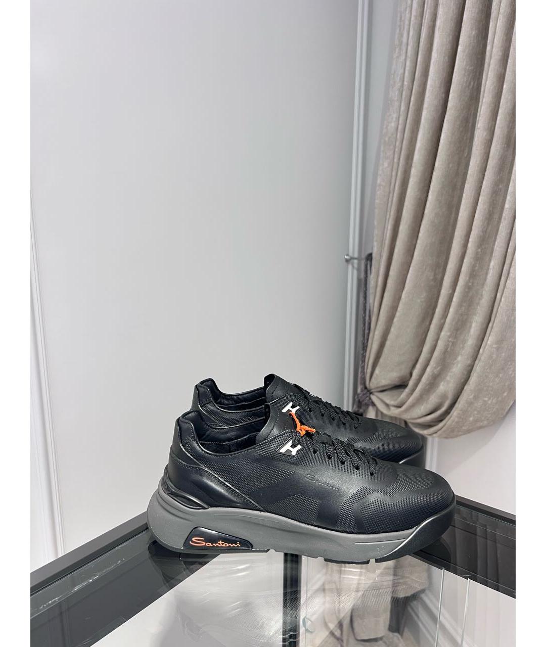 SANTONI Черные кожаные низкие кроссовки / кеды, фото 2