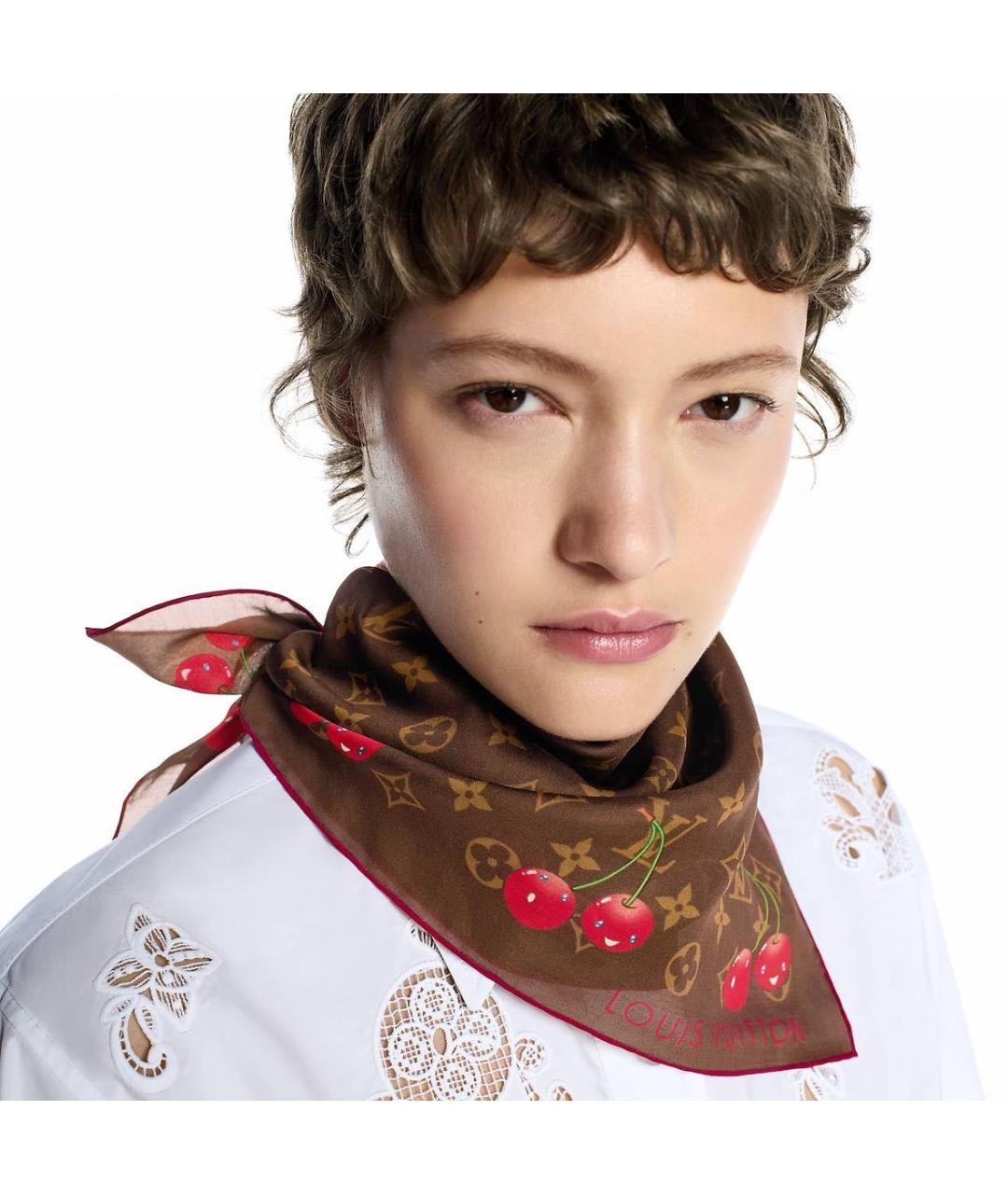 LOUIS VUITTON Коричневый шелковый платок, фото 2