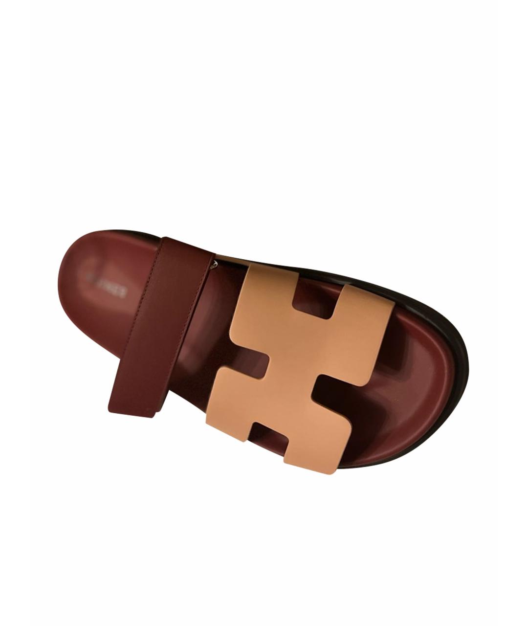 HERMES Бордовые кожаные шлепанцы, фото 1