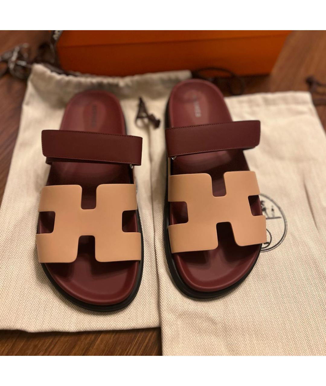 HERMES Бордовые кожаные шлепанцы, фото 4