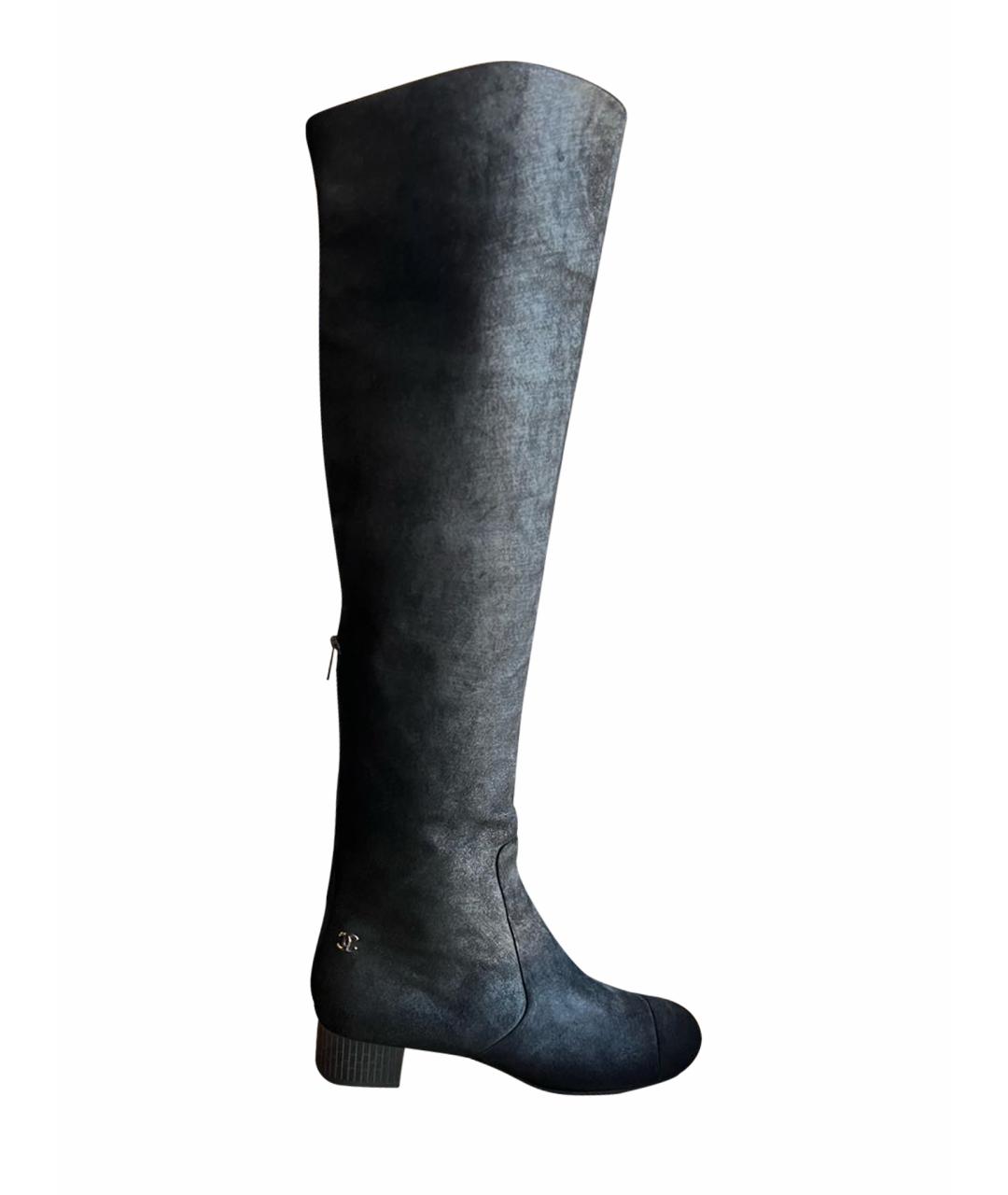 CHANEL Антрацитовые нубуковые ботфорты, фото 1