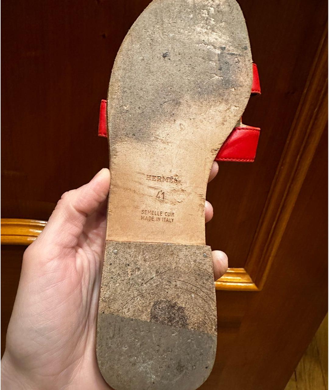 HERMES Красные кожаные шлепанцы, фото 6