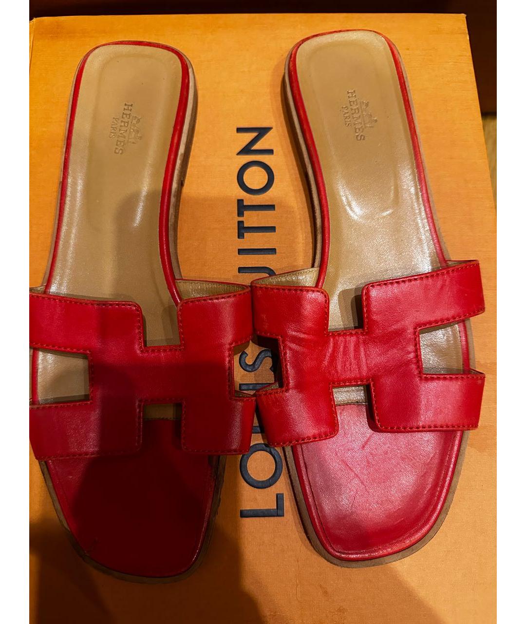 HERMES Красные кожаные шлепанцы, фото 2